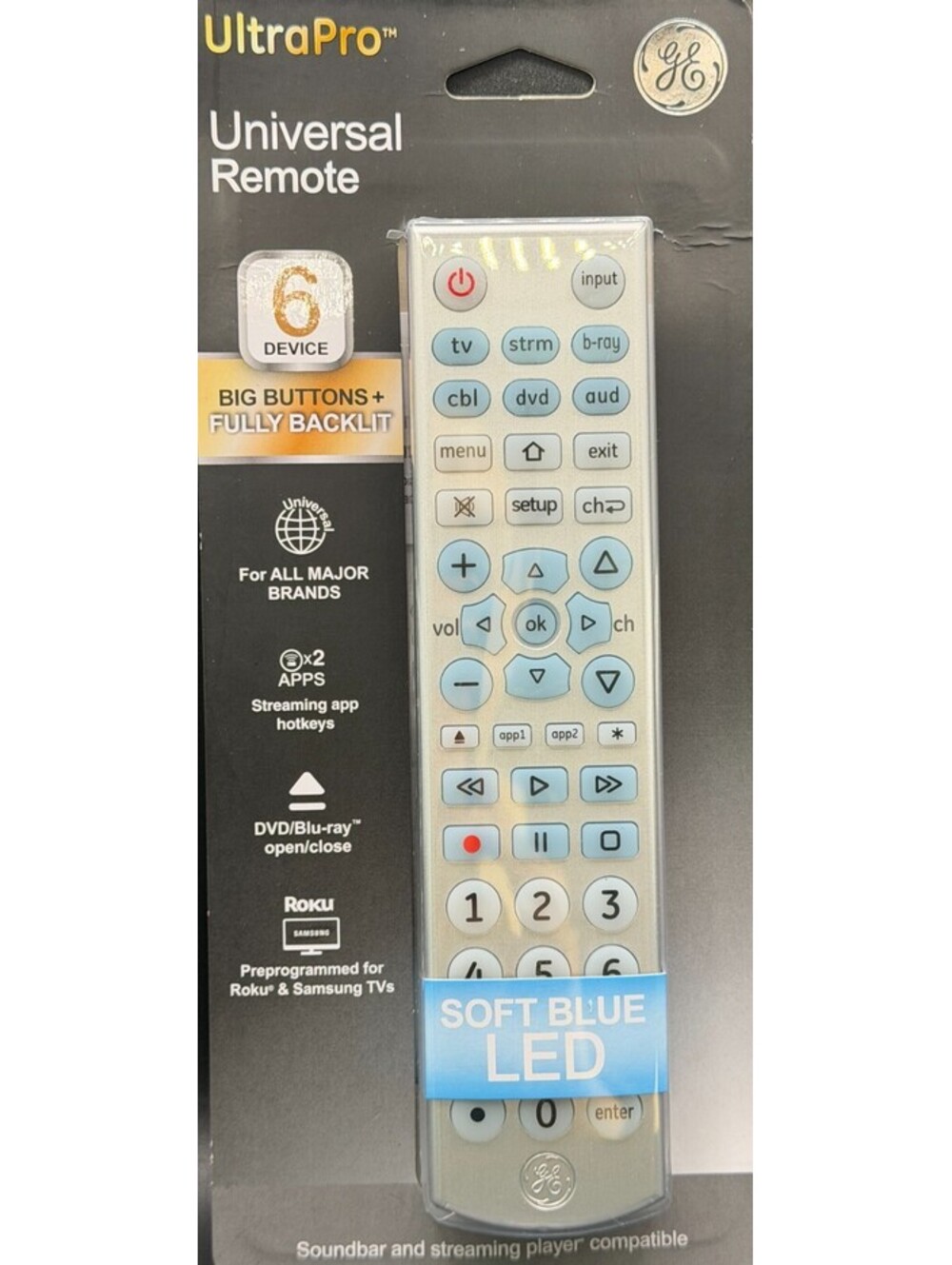 GE UltraPro 6-Device Universal Remote Control Backlit Silver Big Buttons 33712
